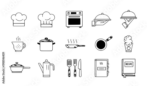 A set of kitchen icons including cooking utensils and appliances in a minimalist line art style