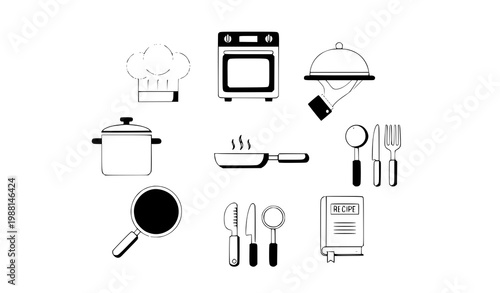 A set of kitchen utensils and appliances in a minimalist vector illustration