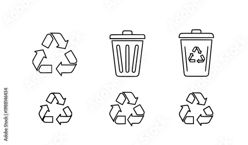 A set of recycling and trash can icons in a minimalist line art style