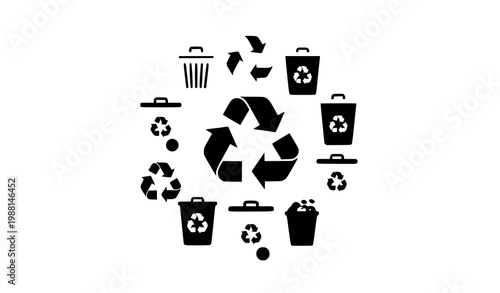 A vector graphic illustration of recycling symbols and trash cans
