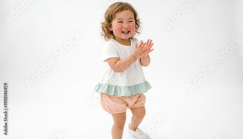 Cheerful little girl clapping her hands in a bright studio