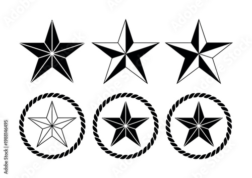 Nautical star, lone star, sheriff star, star outline design elements vector silhouette