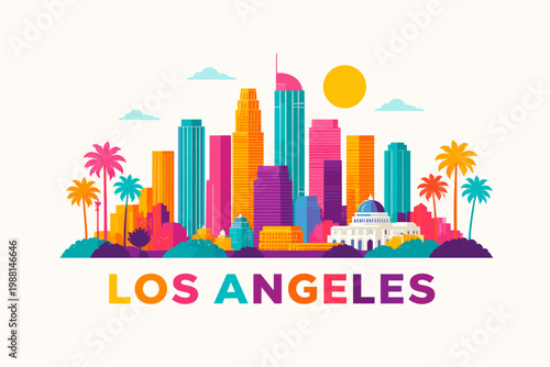 2D Colorful Los Angeles Skyline Illustration with Palm Trees and Modern Cityscape Isolated on White Background
