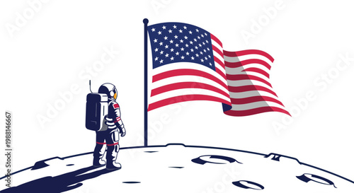 Astronaut planting American flag on moon surface vector illustration