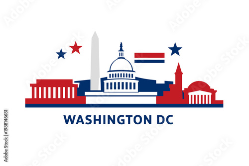 2D Minimalist Washington DC Skyline Illustration with Capitol and Monuments Isolated on White Background