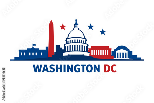 2D Minimalist Washington DC Skyline Illustration with Capitol, Monuments and Patriotic Colors