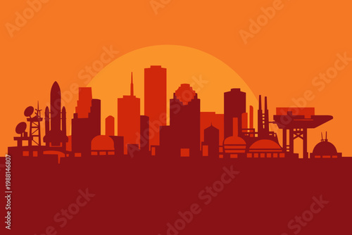 Industrial Houston Skyline Illustration with Oil Refinery and Sunset Silhouette Cityscape