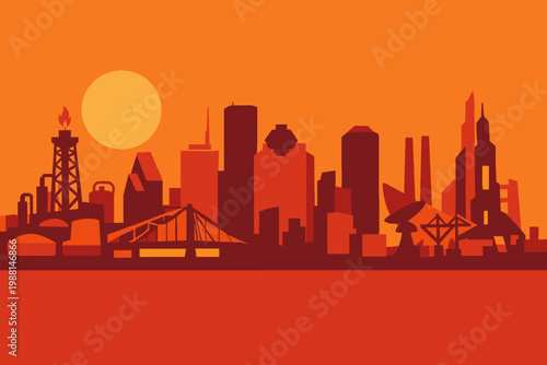 Warm 2D Industrial Sunset City Skyline Illustration with Oil Rig, Factories and Urban Infrastructure