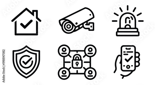 Home security system icon set, house camera alarm shield lock and protection symbols in modern line and flat vector style, representing smart home safety