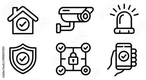 Home security system icon set, clean editable stroke vector collection featuring house, CCTV camera, alarm bell, shield, and lock symbols for residential protection, smart security systems