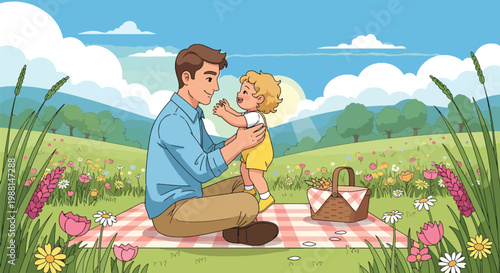 Father holding toddler during picnic on sunny flowery meadow under blue sky in cute cartoon manner.