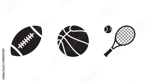 Sports Icon Set, Minimalist Vector Athletic Symbols for Football Soccer Basketball and Tennis, Professional Fitness UI Elements
