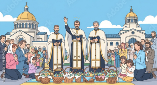 Orthodox priests bless Easter baskets outside a church a religious ceremony with a congregation celebrating the holiday