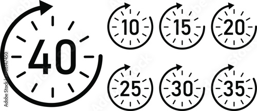 Countdown timer icons set with different minute intervals circular arrows and time tracking symbols outline vector illustration