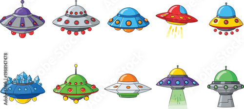 Colorful UFO vector illustration set featuring various alien spacecraft and flying saucer designs for sci-fi and space exploration projects