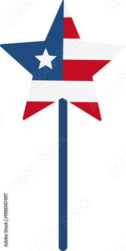 Patriotic Star Party Wand  Clipart.
American  4th of July  Star Wand Flat Vector Illustration.
USA Star Wand.
Red White Blue Party Stick.
Transparent background.