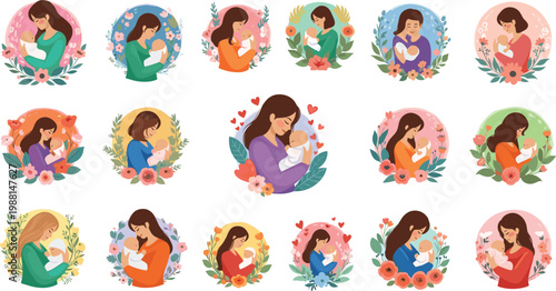 Lovely vector illustration set of mothers holding newborn babies surrounded by floral wreaths and hearts for Mother's Day cards.