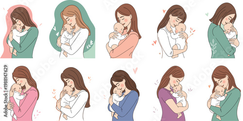 Beautiful vector illustration set of young mothers holding newborn babies in a warm embrace representing motherhood love and family care.