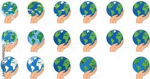 Earth globe in human hands vector illustration set representing global ecology protection sustainability environmental conservation and world climate care concepts