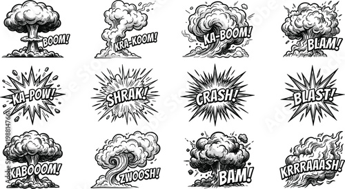 Comic explosion effects set with boom blast crash sound words retro pop art style vector illustration collection