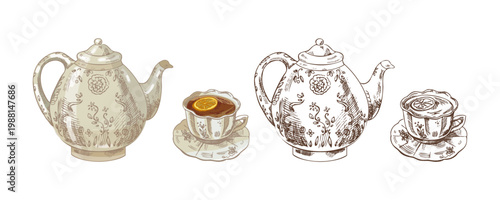 Hand drawn vintage sketch set of teapot and tea cup with lemon slice color and monochrome illustration