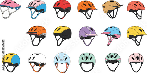 Colorful bicycle helmet vector illustration set featuring various modern protective headgear designs for cycling safety and outdoor sports activitie
