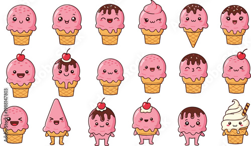 Large collection of cute pink strawberry ice cream cone characters with happy faces chocolate syrup and cherry toppings in vector.