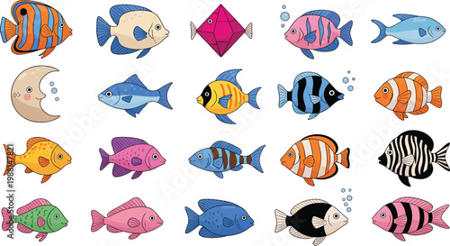 Large collection of colorful tropical fish vector illustrations featuring various exotic sea creatures and marine species for aquatic underwater designs.