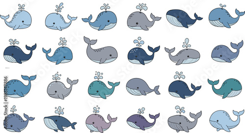 Large collection of cute blue whale vector illustrations featuring various hand drawn aquatic mammal characters with water spouts for marine life design.