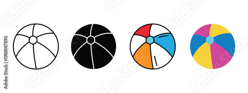 Beach Ball Black Silhouette and Line Icon Set. playful summer vector icon showing striped beach ball, holiday and vacation theme. Holidays Beach Ball Striped Playful Icon.