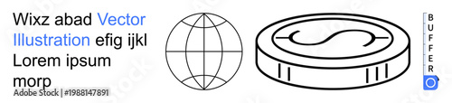 Global economy, financial technology, digital currency, branding, online services, and media. Globe outline, coin icon and logo design. Global economy and financial technology concepts