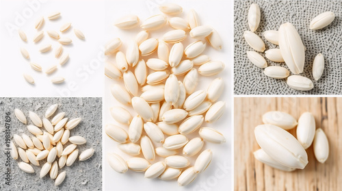
Image of rice seeds for product advertising promotion, photos from various angles, with different backgrounds, no mention of any brand, plain without writing.