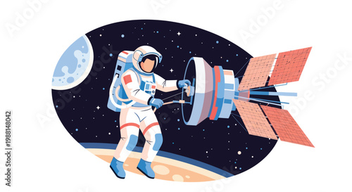 Astronaut repairing satellite in space near planet