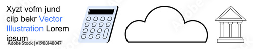 Financial technology, cloud storage, banking systems, online banking, data management, digital tools. Symbolic icons of a calculator, cloud and classical bank pillar. Financial technology and cloud