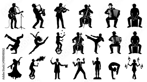 Silhouettes of musicians and dancers performing.