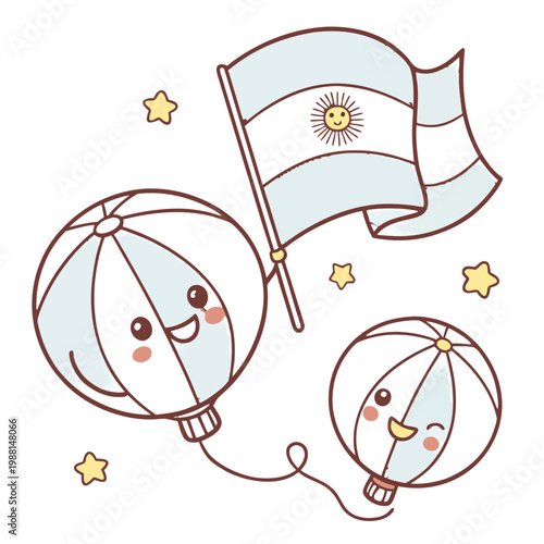 Cute hand drawn kawaii balloons holding Argentine national flag with stars