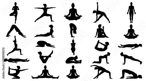 Yoga poses silhouettes in various positions.