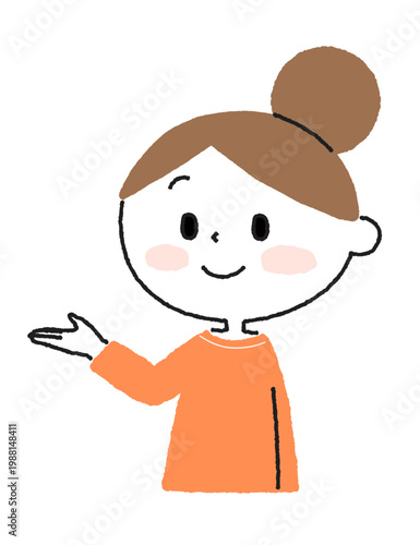 片手を差し出して案内をするカジュアルな女性のイラスト