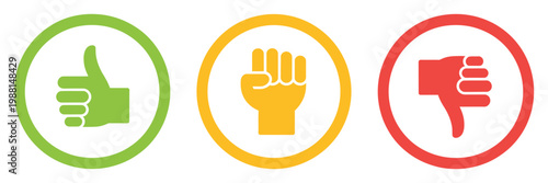 Rating and feedback survey icon set, like dislike neutral hand gesture symbols with thumbs up, middle, and down icons, clean vector collection representing satisfied, neutral, and unsatisfied user exp