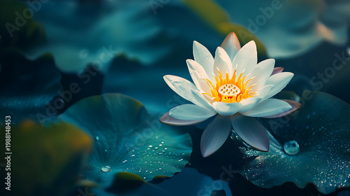 Serene White Lotus Flower Blooming in Tranquil Water Garden.