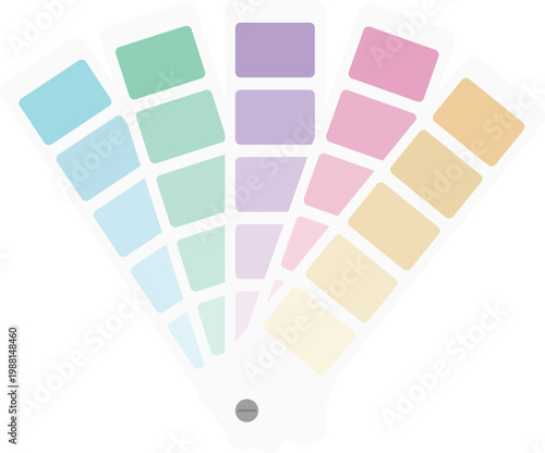 A fanned-out vector color palette featuring a variety of soft pastel shades. The collection includes gradients of mint green, teal blue, lavender purple, dusty rose pink, and sandy beige.