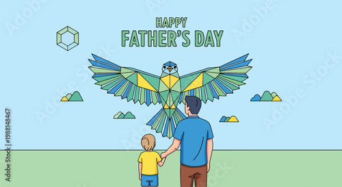 Happy fathers day illustration of dad and son looking at large colorful geometric bird kite flying.