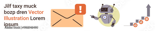 Email communication, automation tools, business analytics, tech advancements, AI innovation, digital alerts. Envelope with notification, robot pointing upward growth arrow. Email communication