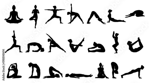 Yoga poses silhouettes in various positions.
