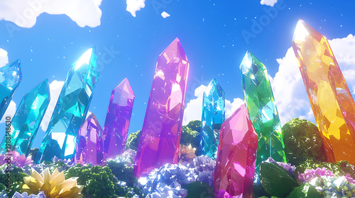 Vibrant Crystal Forest Landscape with Colorful Gemstones.