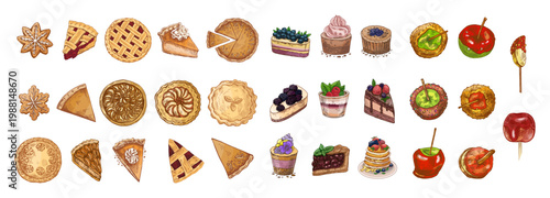 Hand drawn vintage sketch set of pies cakes pastries cookies donuts candy apples and desserts color illustration