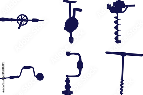 Assortment of Vintage Hand Drills and Ice Augers in Dark Blue Silhouette Keywords: vintage drill