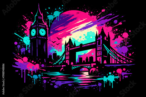 London Skyline Neon Graffiti Style Big Ben Tower Bridge Night City Vector Illustration