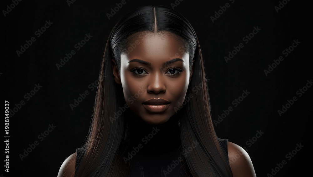 Fototapeta premium Elegant close up portrait of confident black woman with sleek hair and soft smile