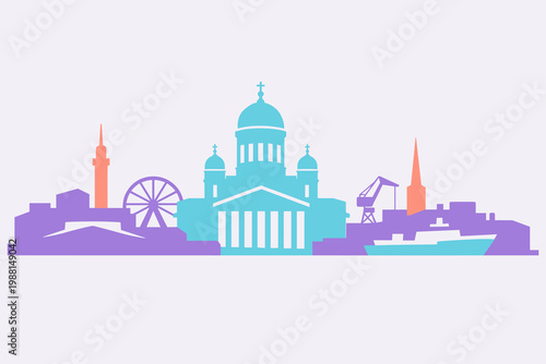 Gradient Helsinki Skyline Illustration with Cathedral, Ferris Wheel and Harbor Cityscape Flat Design